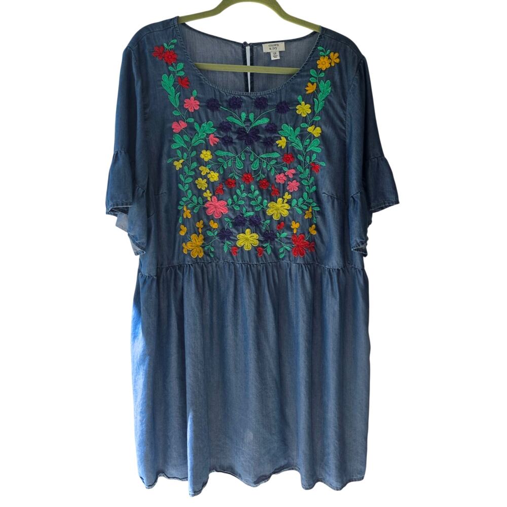 Crown & Ivy Plus Size 2X Embroidered Denim Tunic Dress Floral Boho Casual - Picture 1 of 9